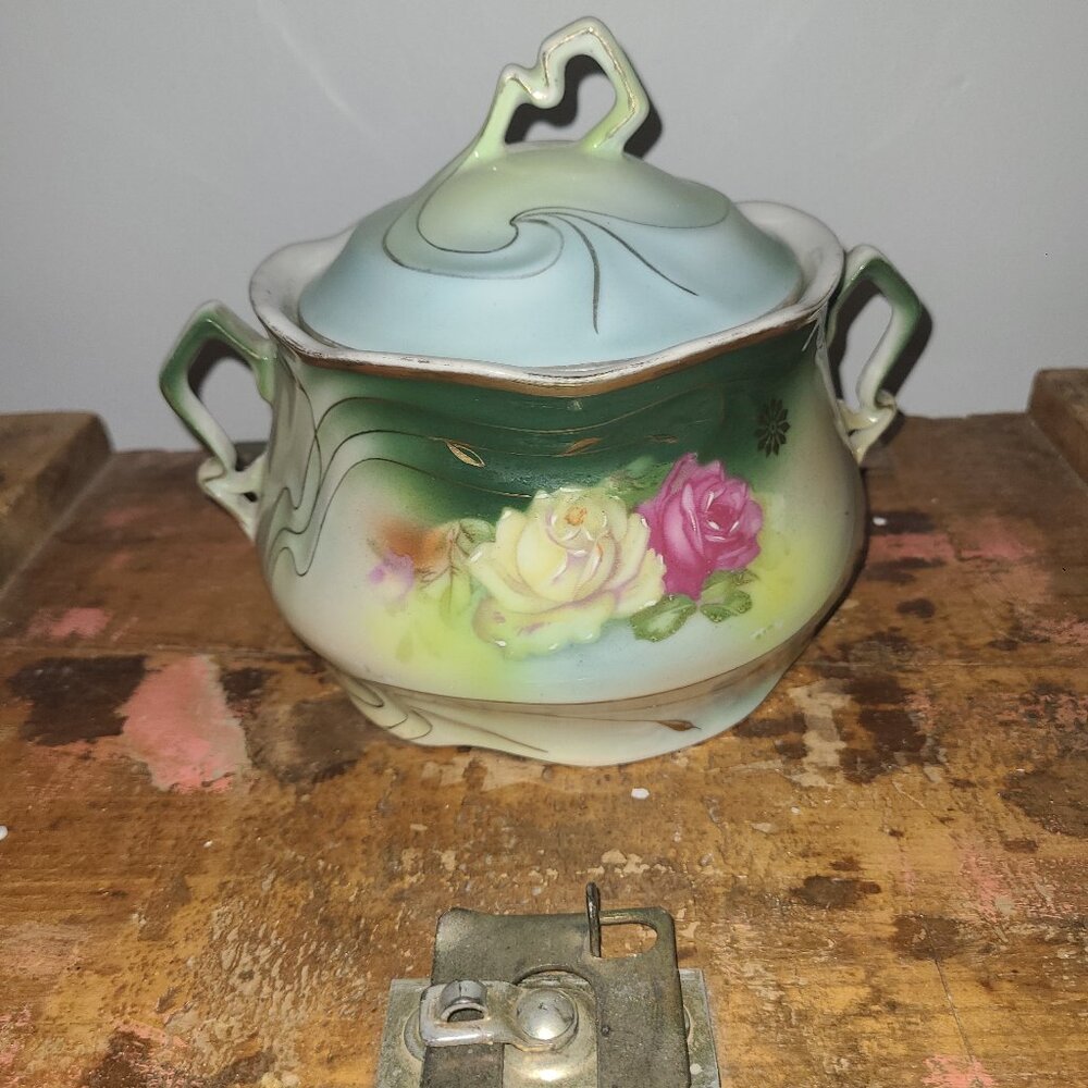 Antique VTG PJV Bavaria Biscuit Cracker Jar Hand Painted Roses Green Pink Floral